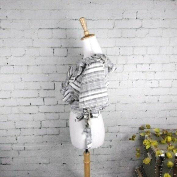 Revolve Tularosa Cropped Ruffled Striped Wrap Top In White And Black Medium - Picture 2 of 7